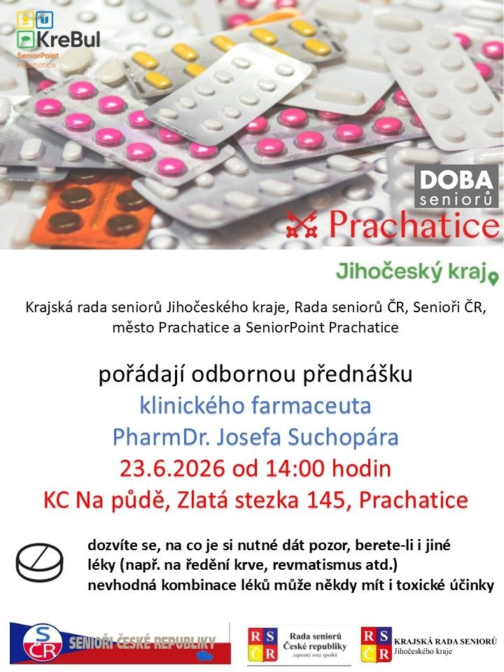 Plakát akce přednáška farmaceuta PharmDr. Josefa Suchopára