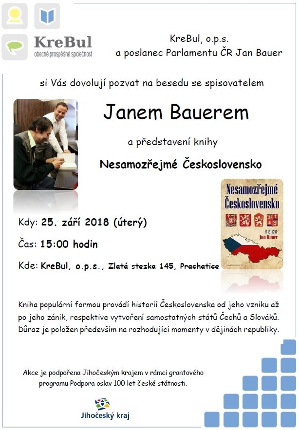 Plakát akce Beseda s Janem Bauerem - spisovatelem