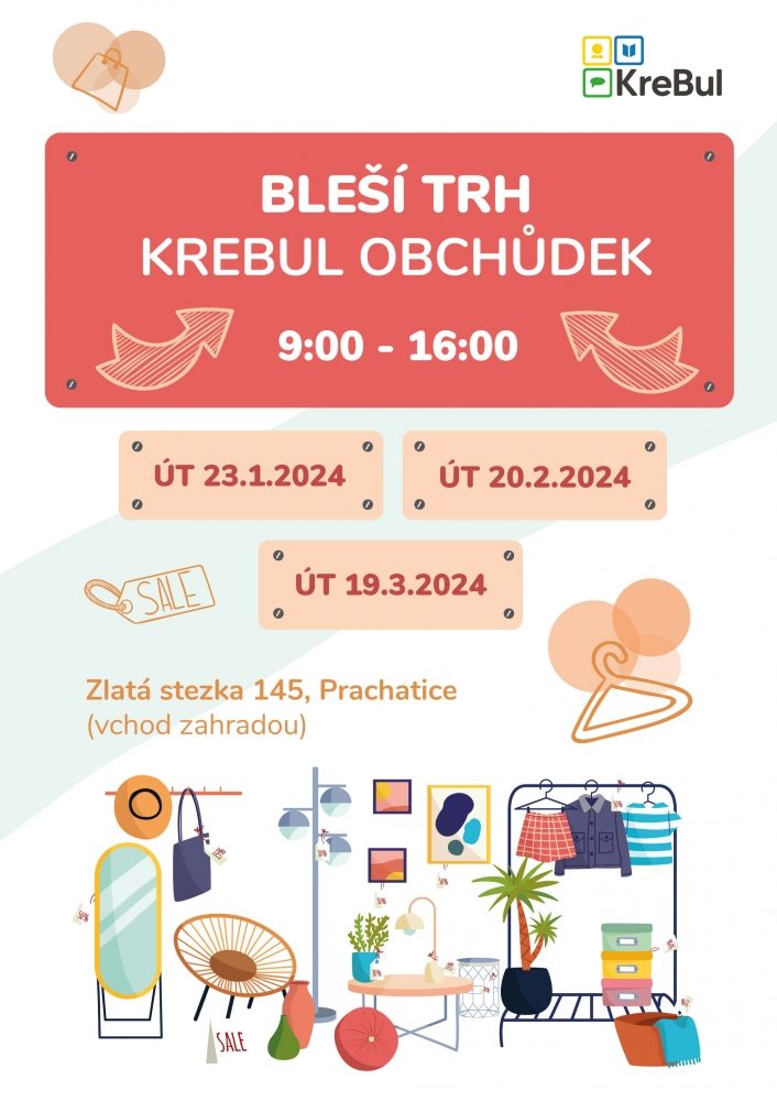Plakát akce Bleší trhy a KreBul obchůdek pokračují