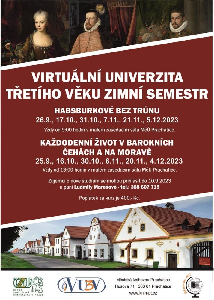 Plakát akce VIRTUÁLNÍ UNIVERZITA třetího věku – zimní semestr, téma: Habsburkové bez trůnu