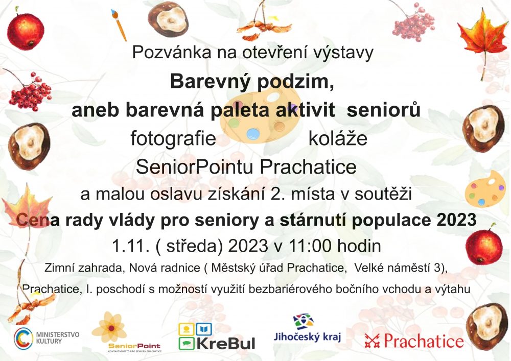 Plakát akce Vernisáž výstavy SeniorPointu Prachatice Barevný podzim, aneb barevná paleta aktivit