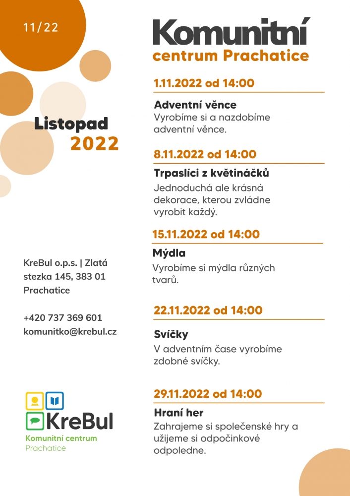 Plakát akce Komunitní centrum Na půdě v Listopadu