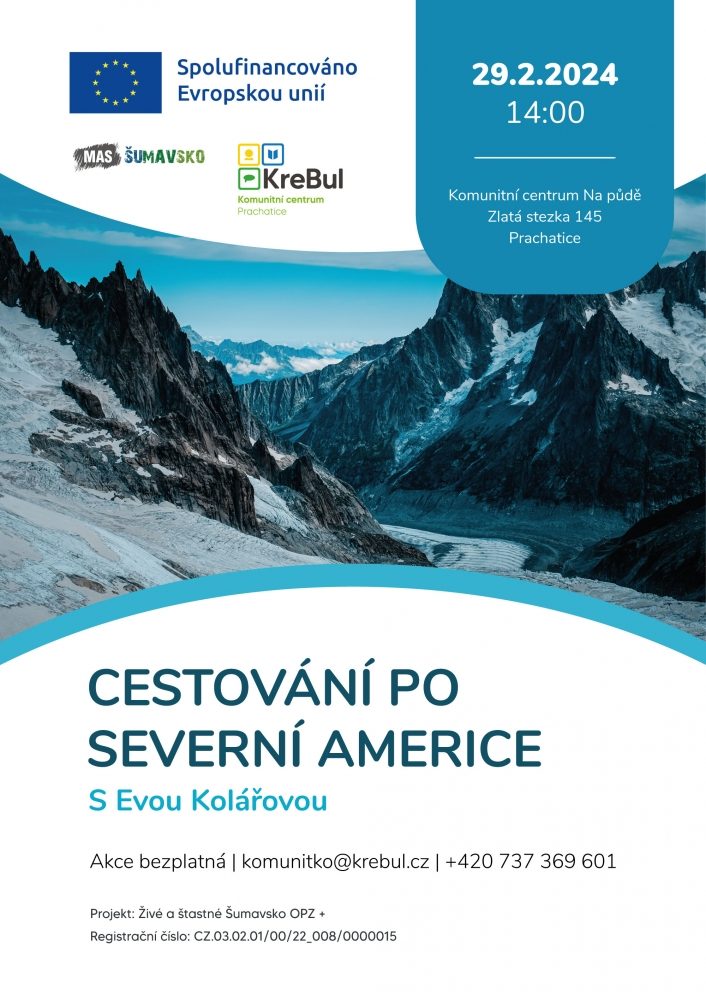 Plakát akce O cestování po Severní Americe v KC Na půdě