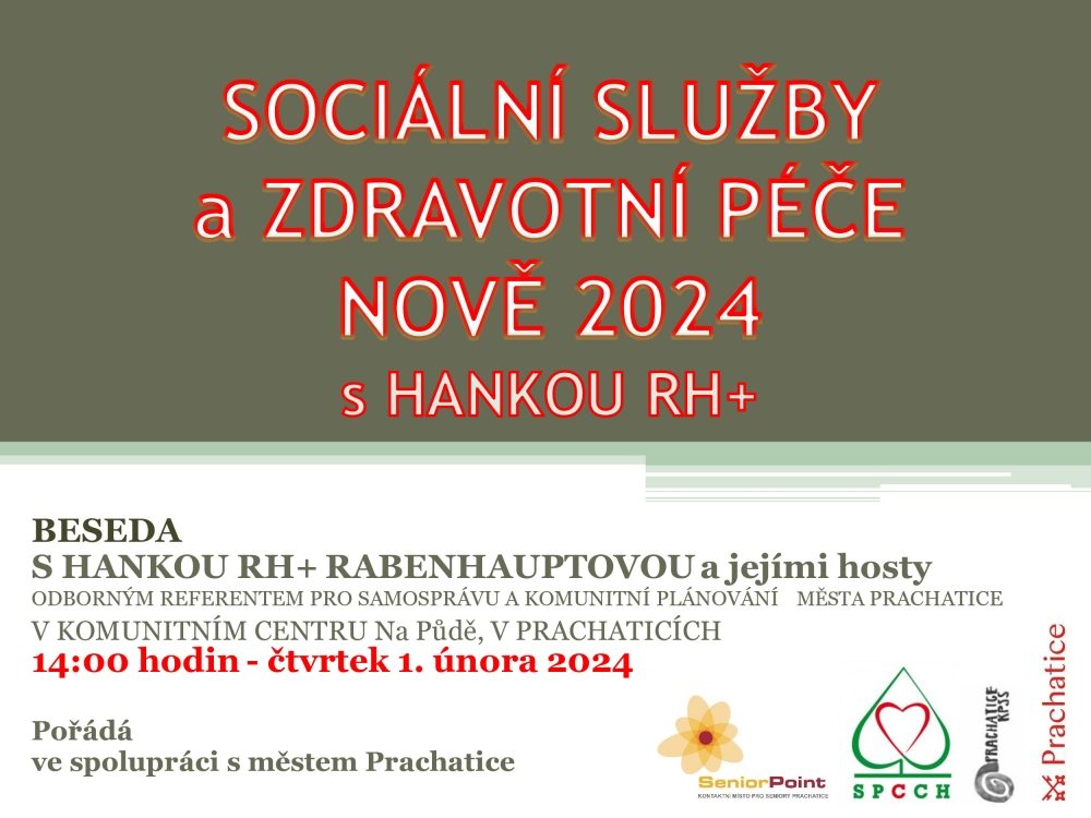 Plakát akce Beseda Sociální služby a zdravotné péče nově s Hankou RH+ a jejími hosty
