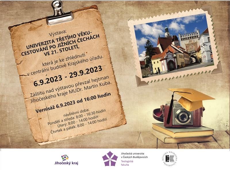 Plakát akce Výstava Univerzita třetího věku – cestování po Jižních Čechách ve 21. století. KÚ